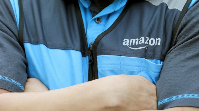Close-up of Amazon courier vest with company logo